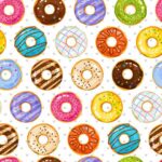 Powdered donut dessert background. Donuts and little love hearts seamless pattern. Doughnut bakery tasty illustration