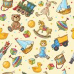 Kids toys seamless pattern with isolated colored different toys icon set on light yellow background vector illustration